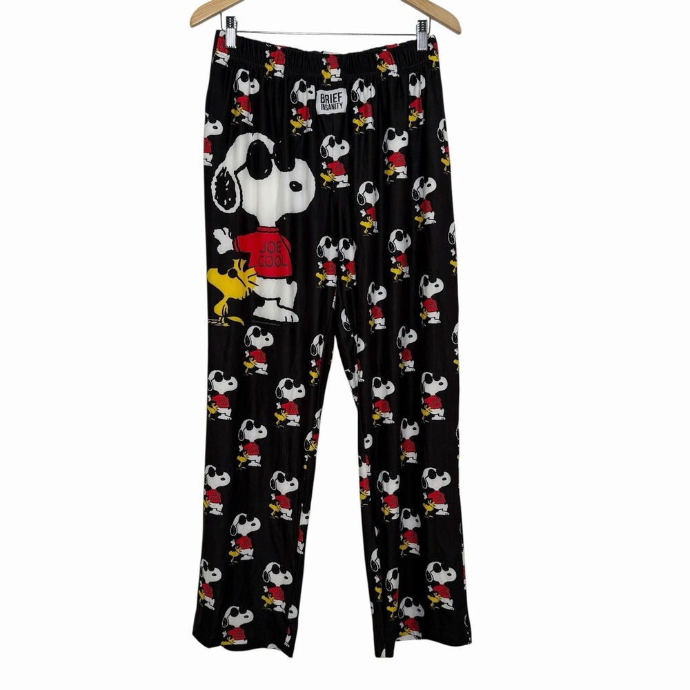 Snoopy Joe Cool Pajama Pants Brief Insanity Mens L Black Lounge Peanuts Cozy